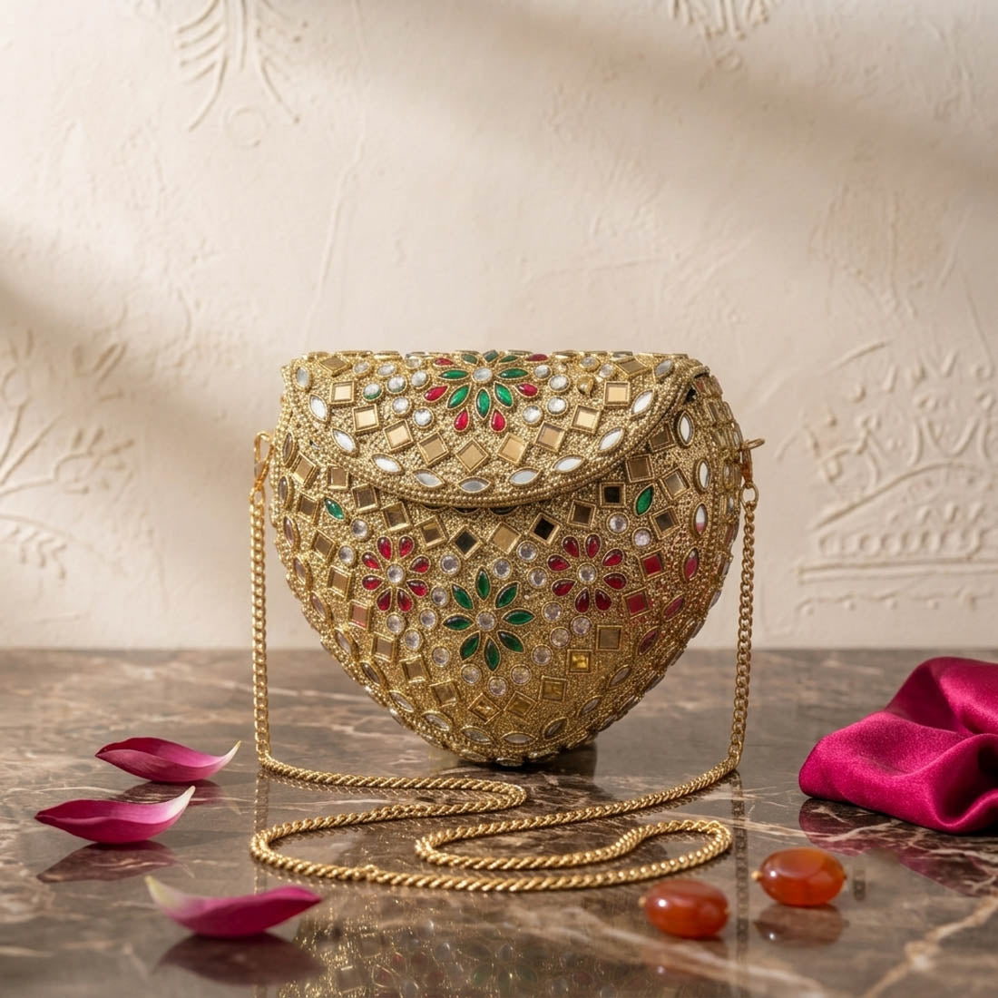 Red Green Color Kundan Metal Handmade Golden Clutch Bags