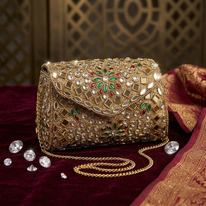 Red Green Color Kundan Metal Handmade Golden Clutch Bags