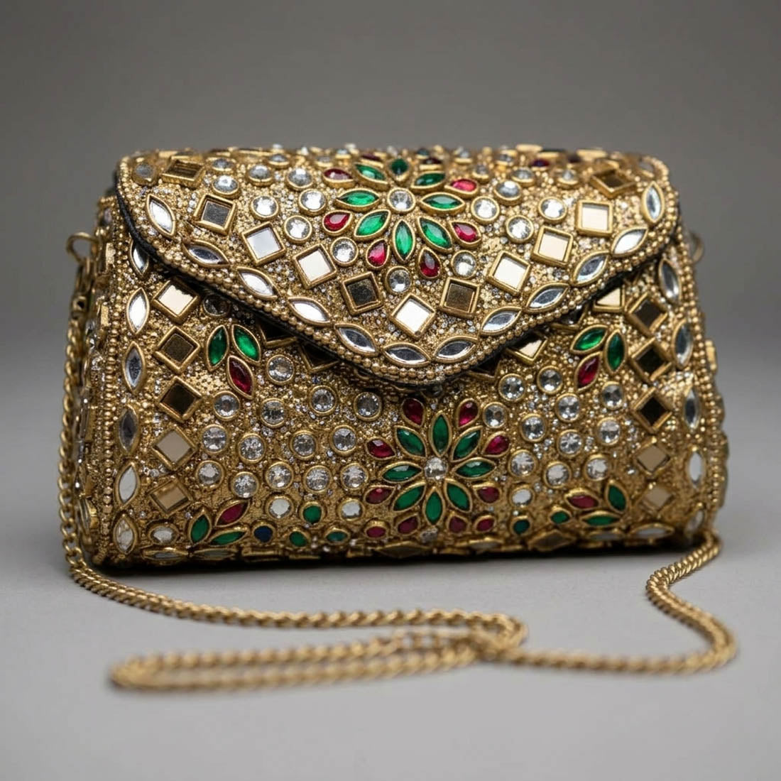 Red Green Color Kundan Metal Handmade Golden Clutch Bags
