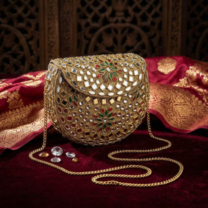 Red Green Color Kundan Metal Handmade Golden Clutch Bags