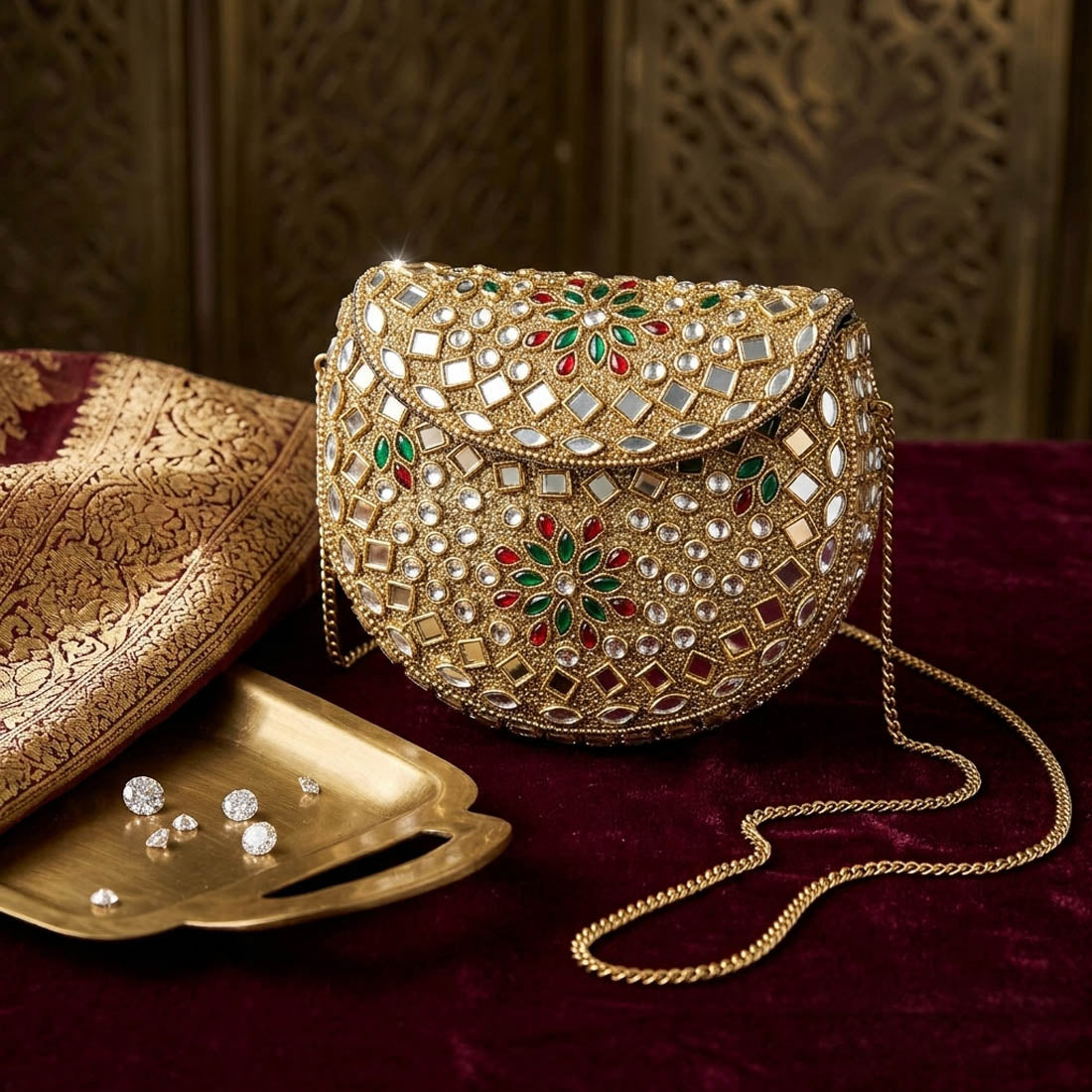 Red Green Color Kundan Metal Handmade Golden Clutch Bags
