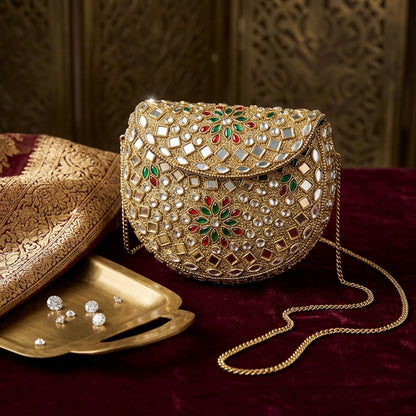Red Green Color Kundan Metal Handmade Golden Clutch Bags