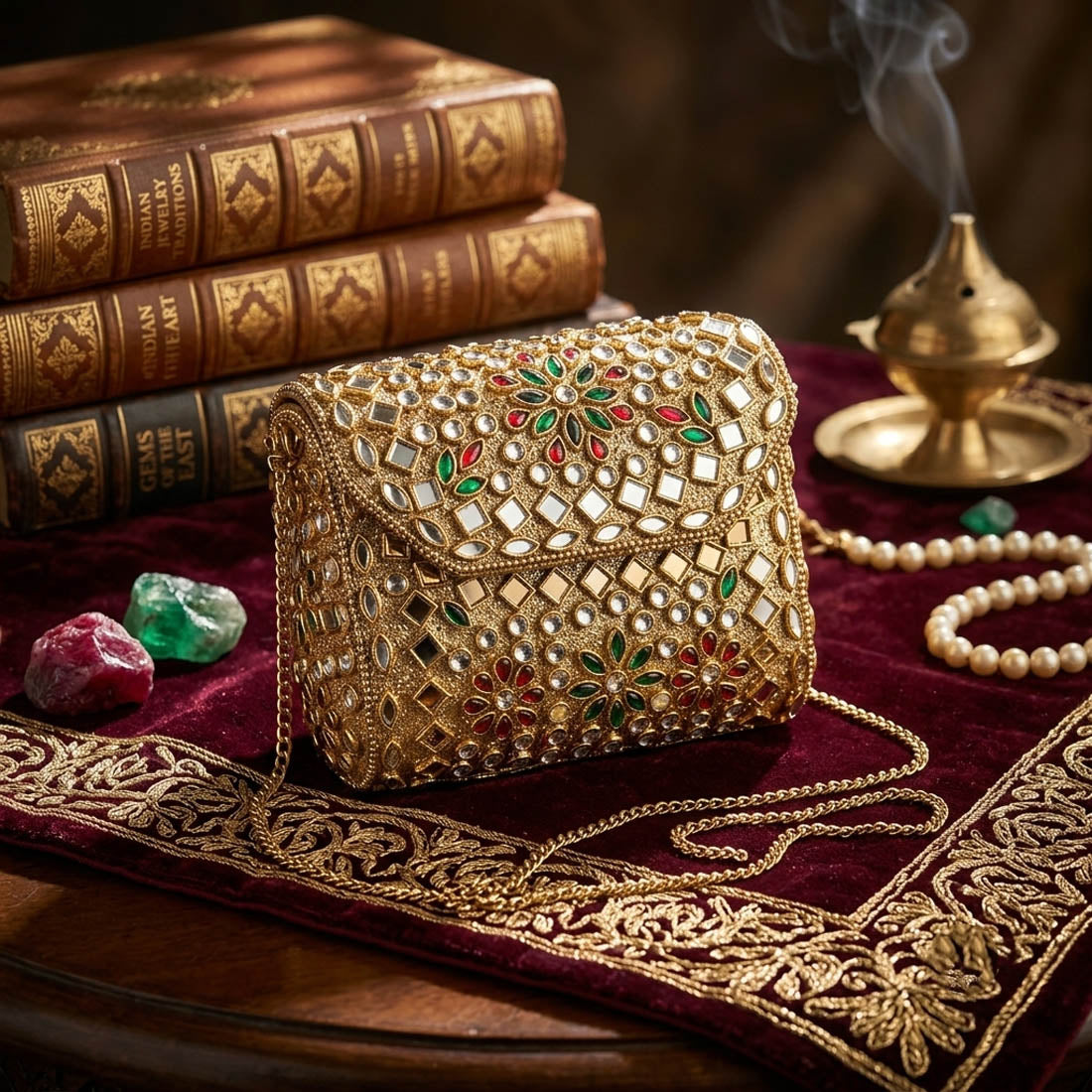 Red Green Color Kundan Metal Handmade Golden Clutch Bags