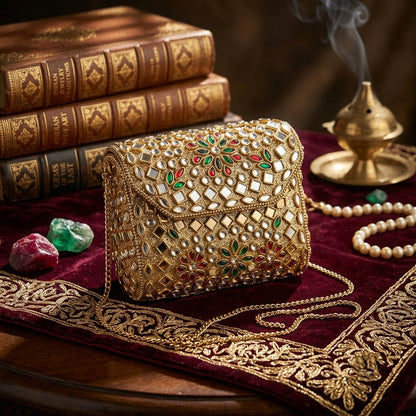 Red Green Color Kundan Metal Handmade Golden Clutch Bags