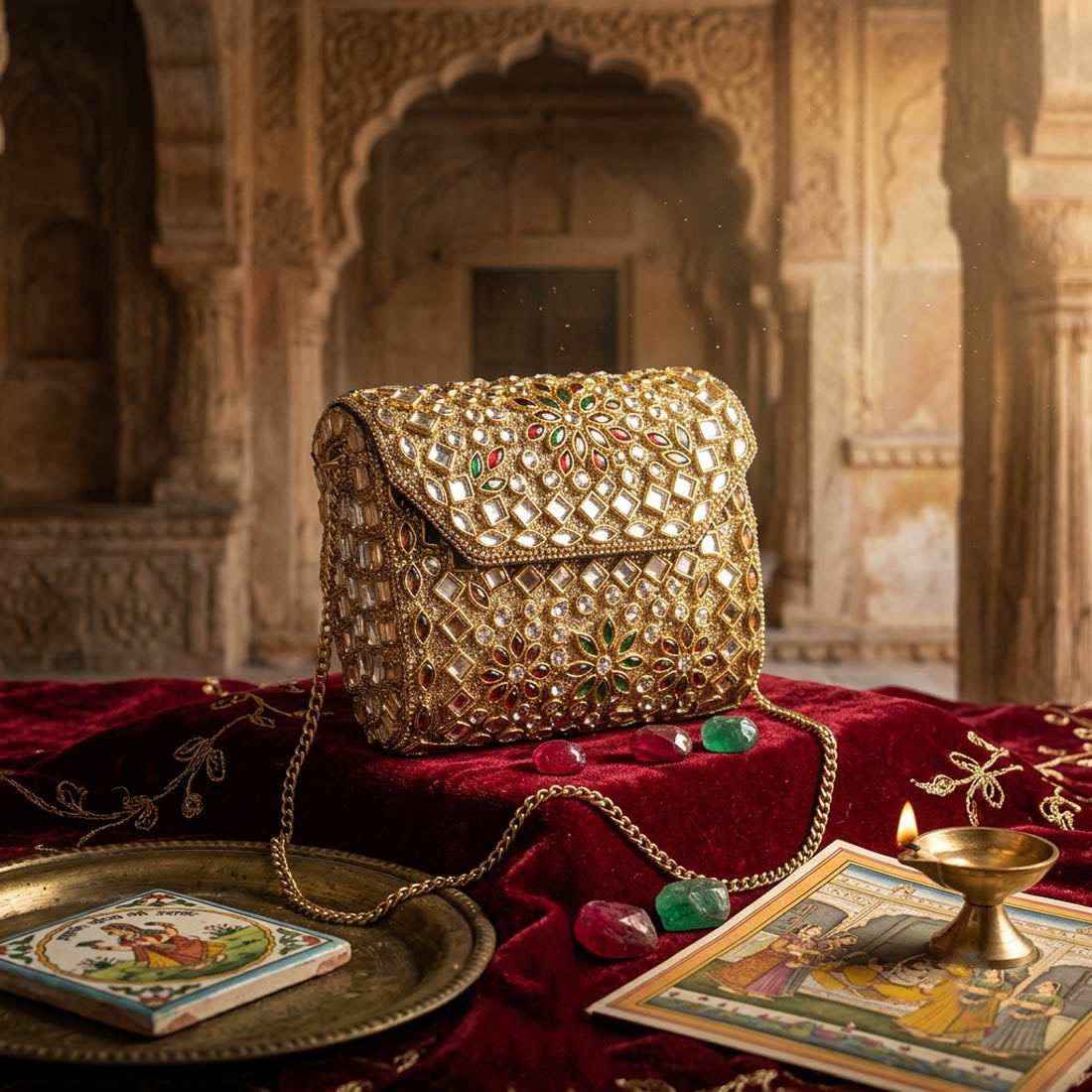 Red Green Color Kundan Metal Handmade Golden Clutch Bags