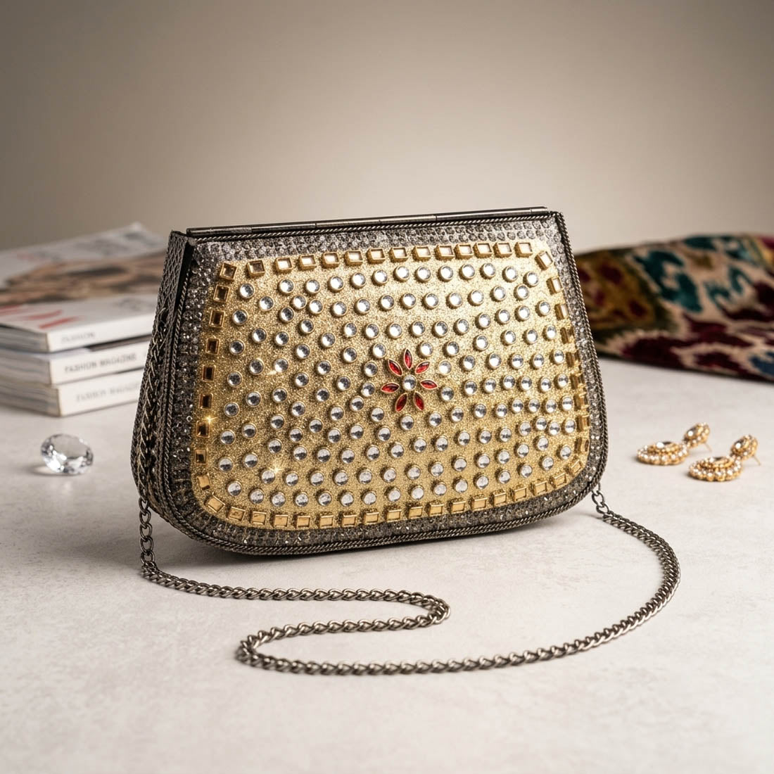 Red Green Color Kundan Metal Handmade Golden Clutch Bags