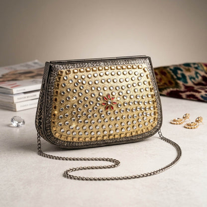 Red Green Color Kundan Metal Handmade Golden Clutch Bags