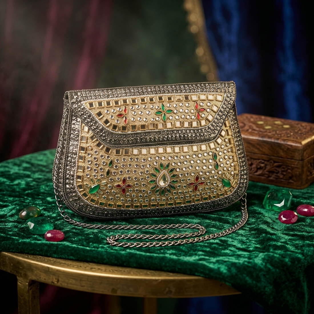 Red Green Color Kundan Metal Handmade Golden Clutch Bags