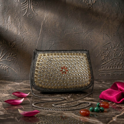 Red Green Color Kundan Metal Handmade Golden Clutch Bags