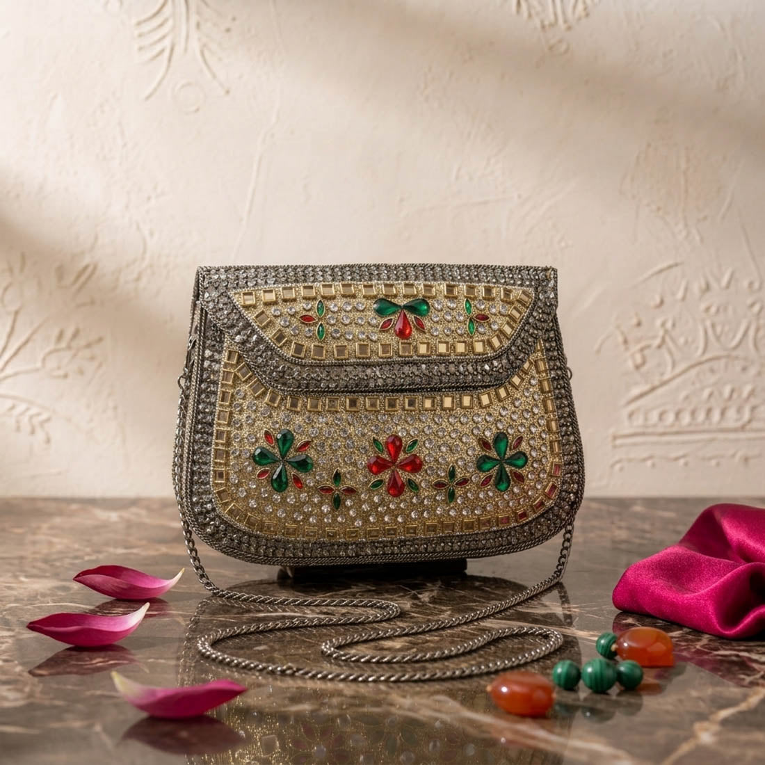 Red Green Color Kundan Metal Handmade Golden Clutch Bags