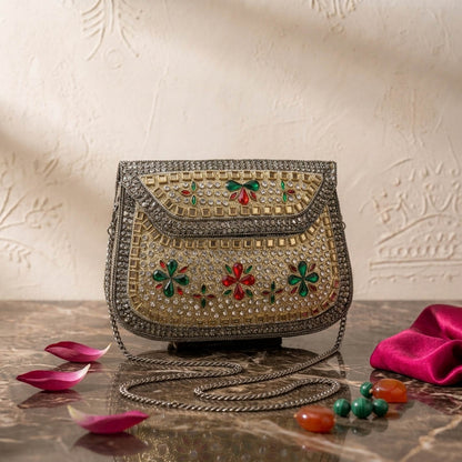 Red Green Color Kundan Metal Handmade Golden Clutch Bags
