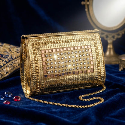 Red Green Color Kundan Metal Handmade Golden Clutch Bags