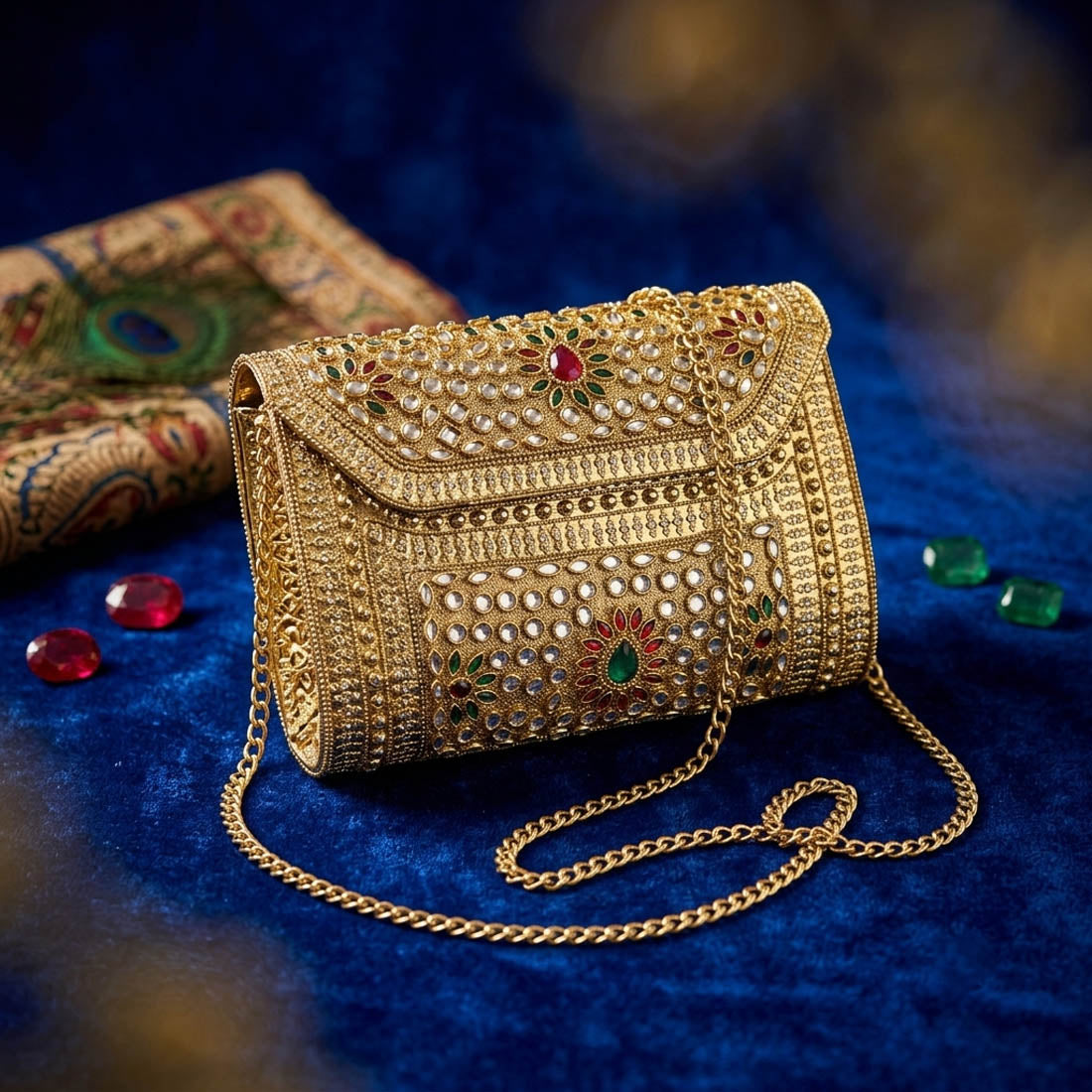 Red Green Color Kundan Metal Handmade Golden Clutch Bags