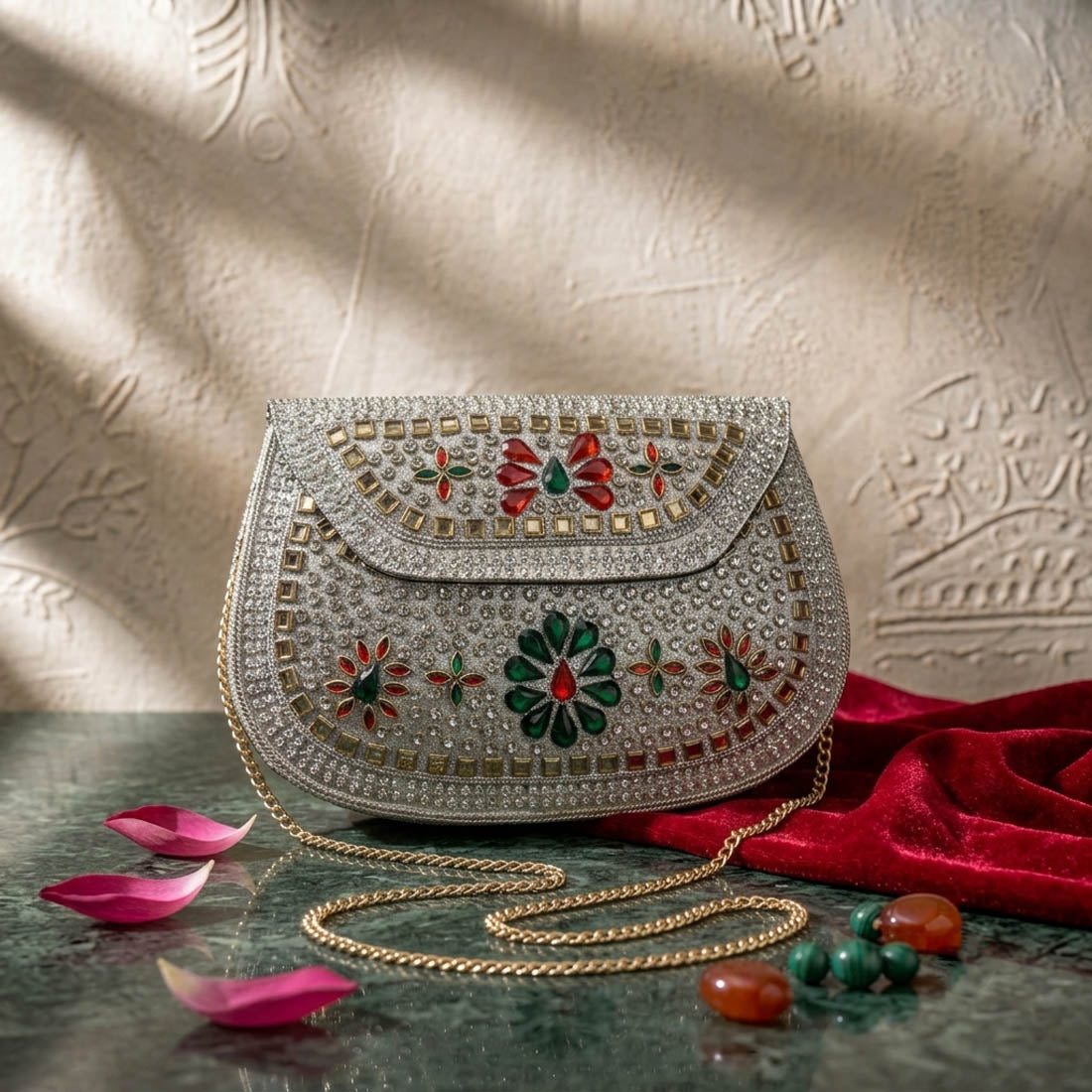 Red Green Color Kundan Metal Handmade Golden Clutch Bags