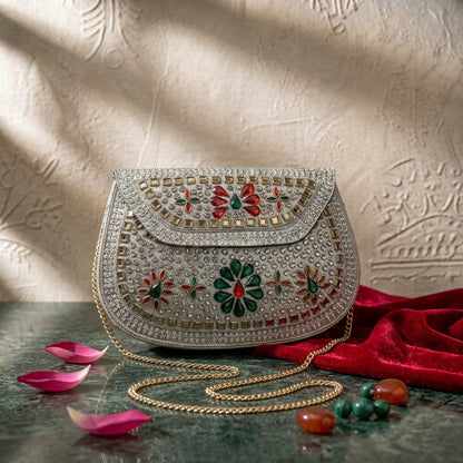 Red Green Color Kundan Metal Handmade Golden Clutch Bags