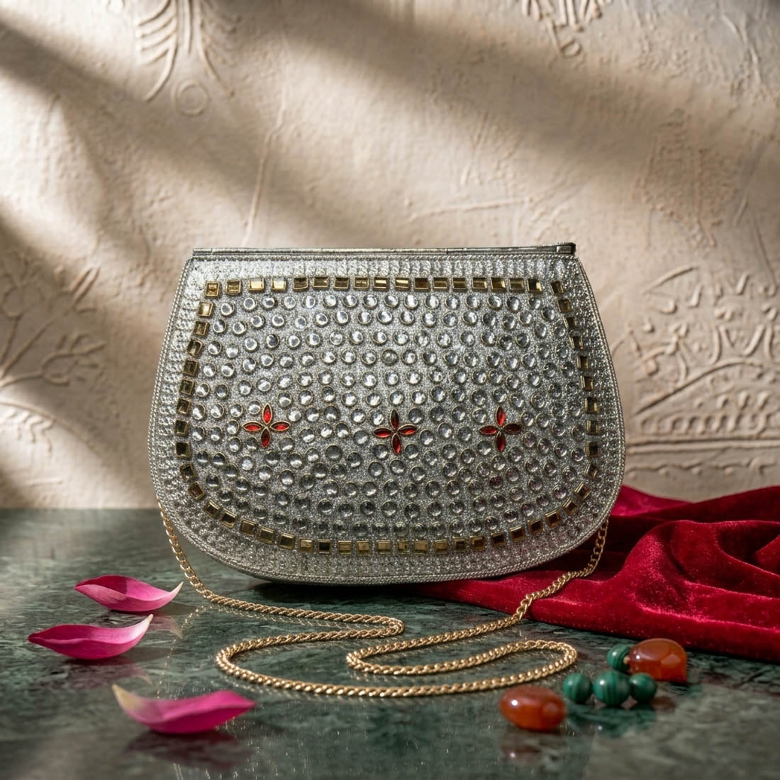 Red Green Color Kundan Metal Handmade Golden Clutch Bags