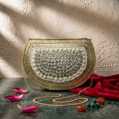 White Color Kundan Metal Handmade Golden Clutch Bags