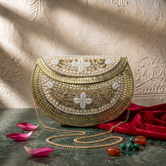 White Color Kundan Metal Handmade Golden Clutch Bags