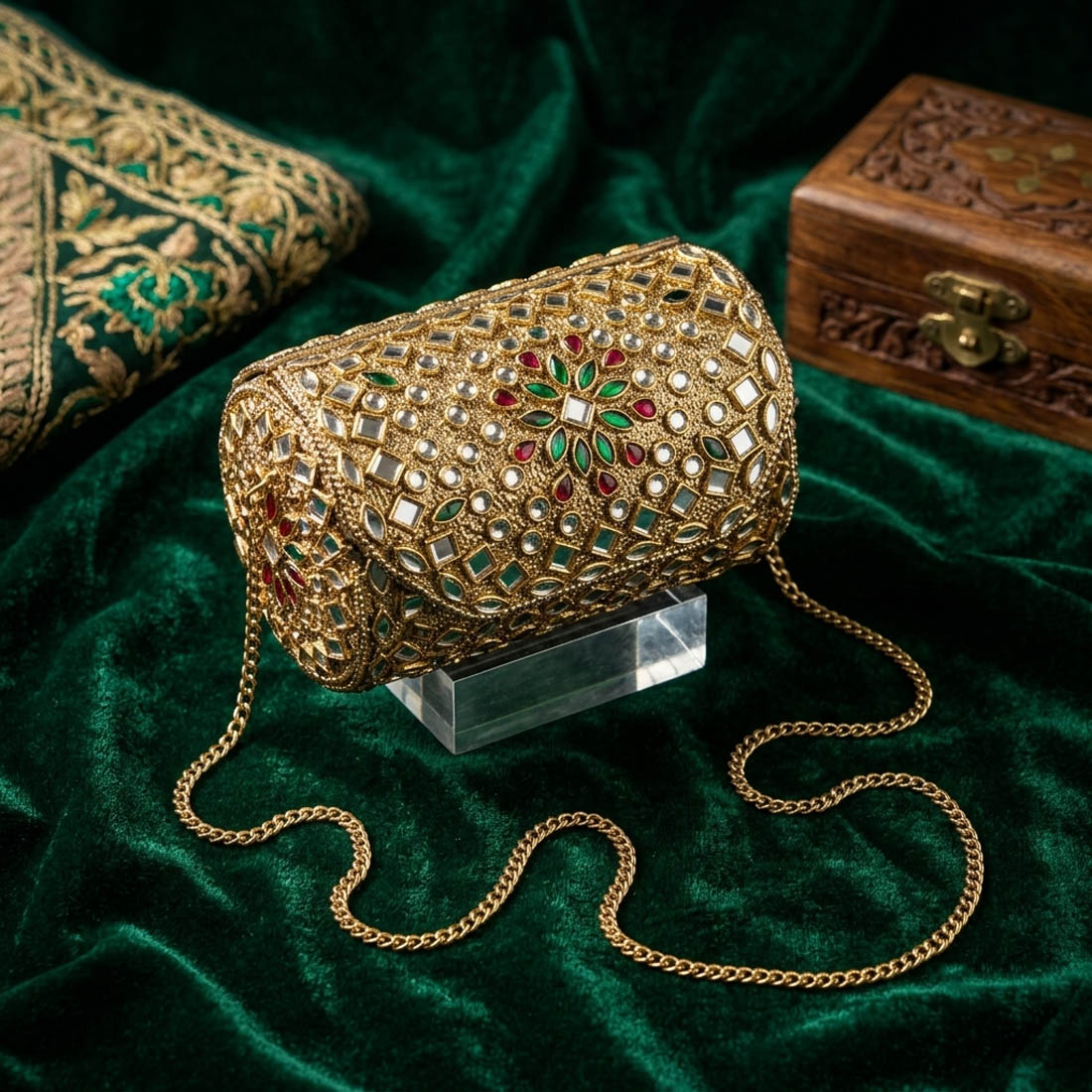 Red Green Color Kundan Metal Handmade Golden Clutch Bags