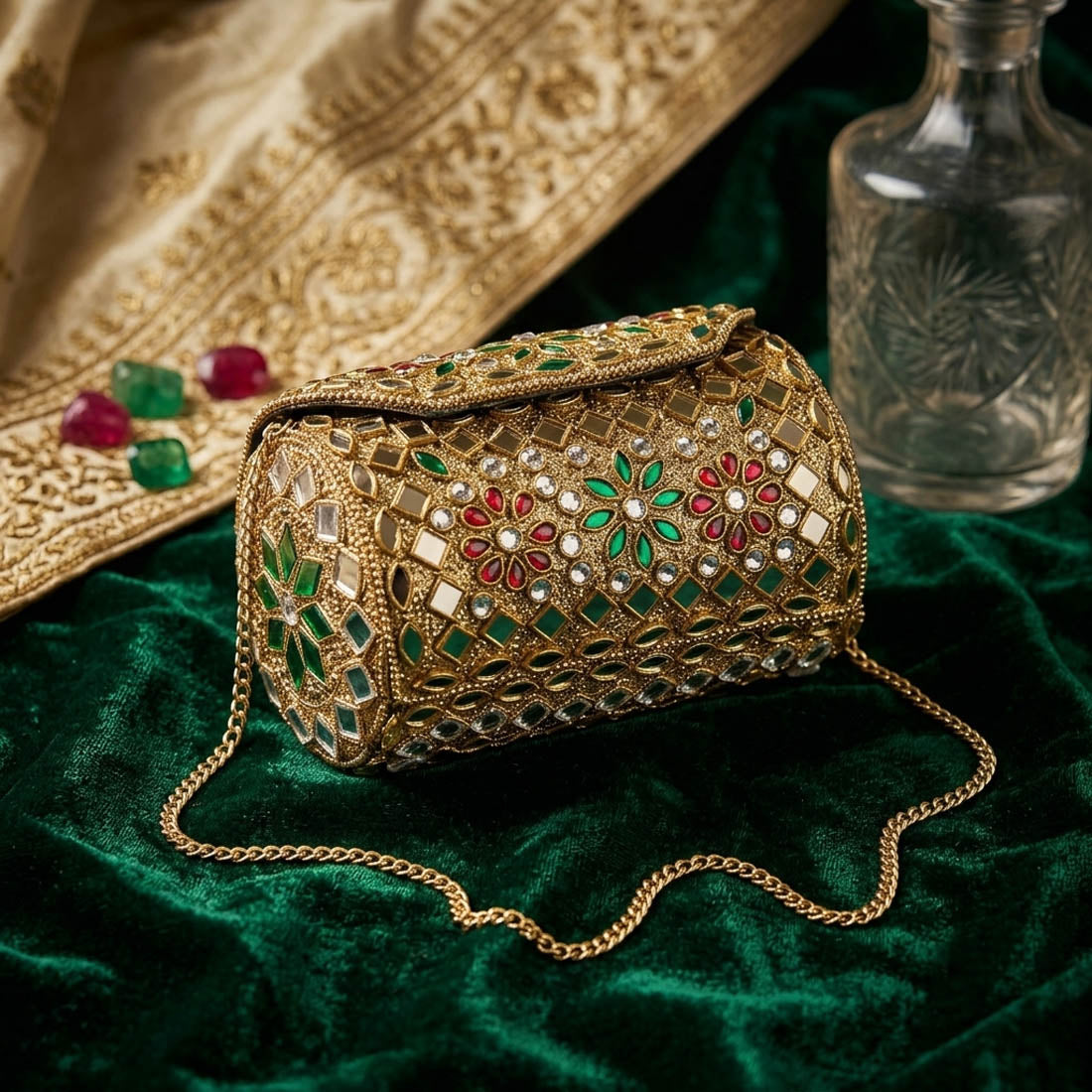 Red Green Color Kundan Metal Handmade Golden Clutch Bags
