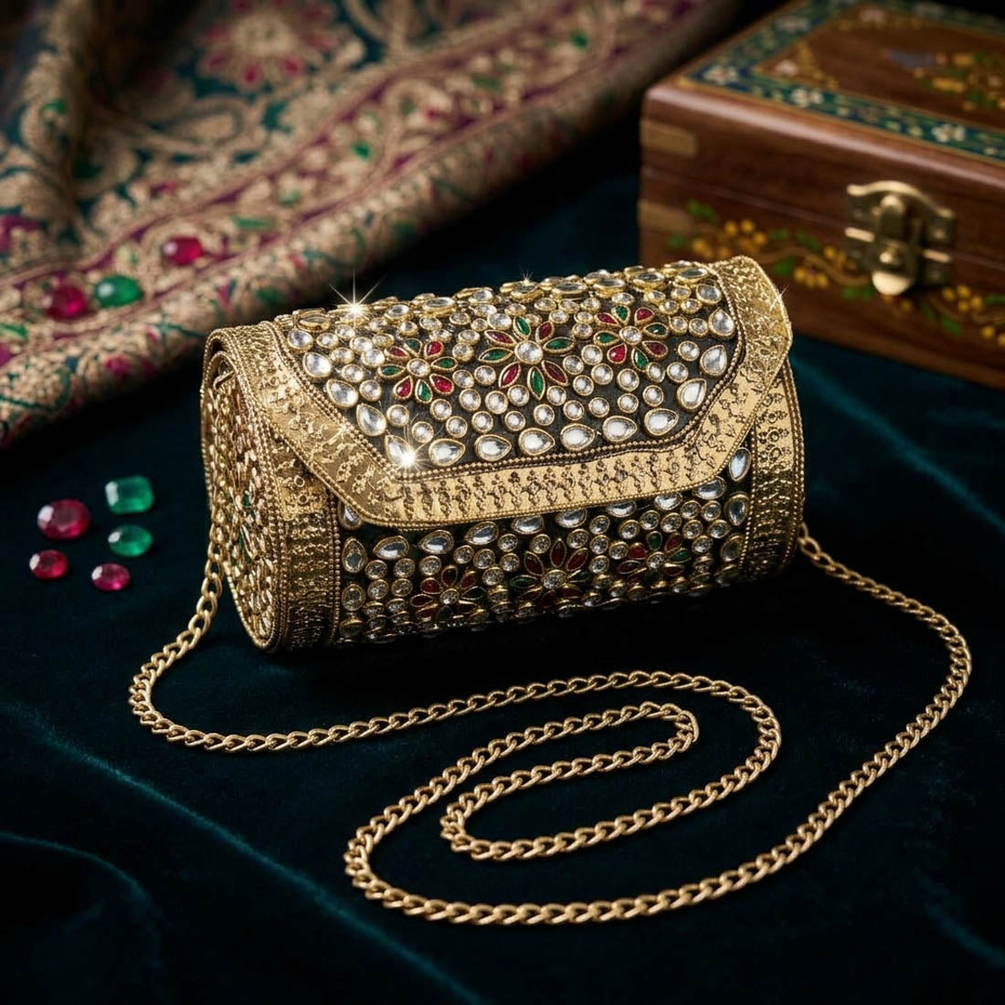 Red Green Color Kundan Metal Handmade Golden Clutch Bags