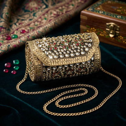 Red Green Color Kundan Metal Handmade Golden Clutch Bags