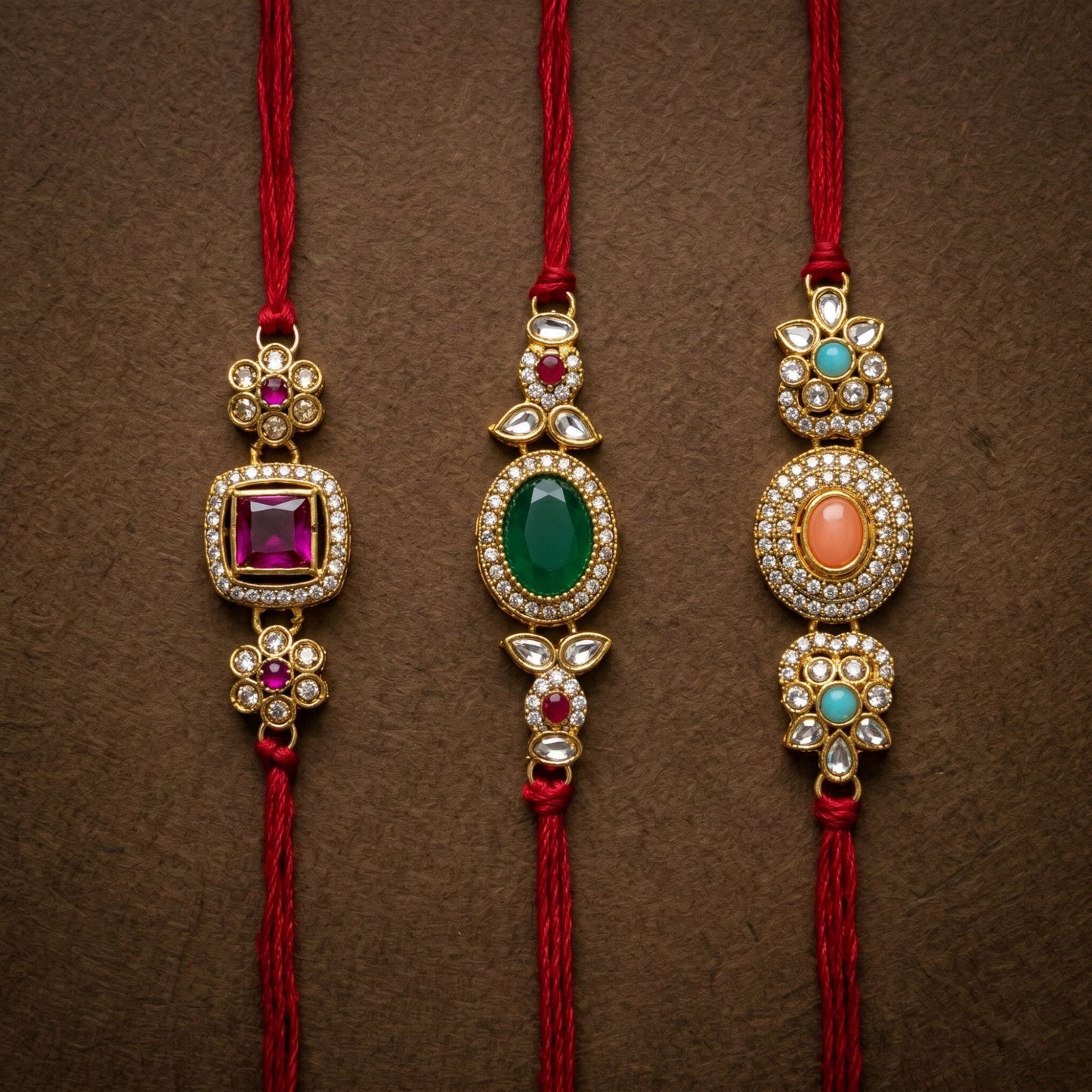 Multi Color Set of 3 Kundan Rakhis with Elegant Traditional Designer Festive Style