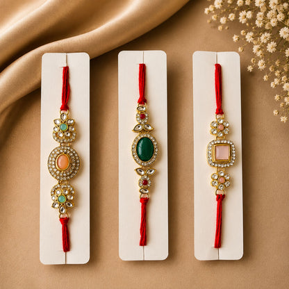 Assorted Color Set of 3 Kundan Rakhis Featuring Beautiful Handmade Ethnic Design