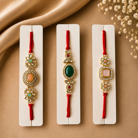 Assorted Color Set of 3 Kundan Rakhis Featuring Beautiful Handmade Ethnic Design
