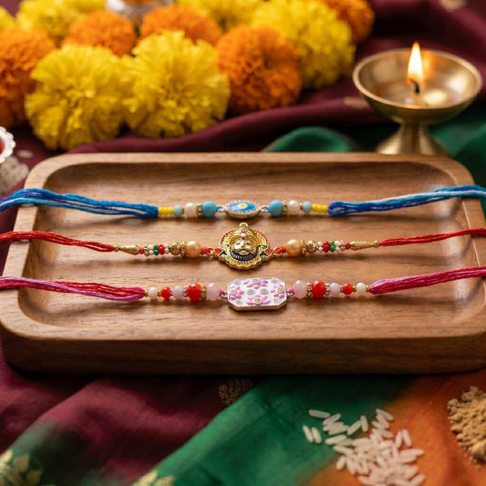 Multi Color Set of 3 Thread Rakhis with Stylish Beaded Raksha Bandhan Appeal