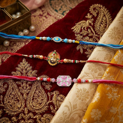 Multi Color Set of 3 Thread Rakhis with Stylish Beaded Raksha Bandhan Appeal