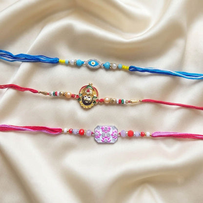 Multi Color Set of 3 Thread Rakhis with Stylish Beaded Raksha Bandhan Appeal