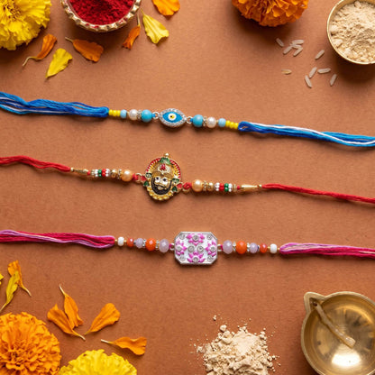 Multi Color Set of 3 Thread Rakhis with Stylish Beaded Raksha Bandhan Appeal