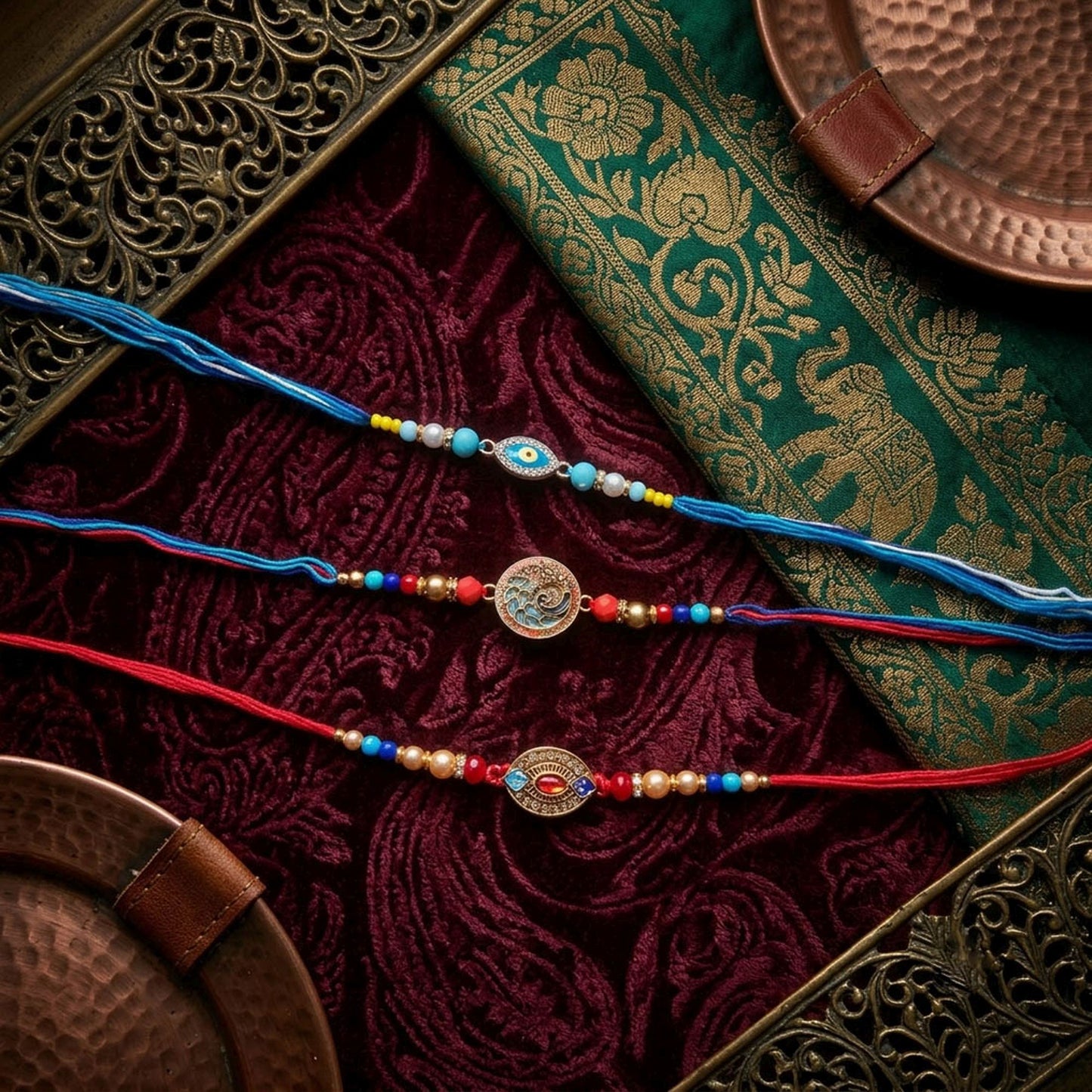 Multi Color Set of 3 Thread Rakhis with Elegant Traditional Handmade Design for Raksha Bandhan Celebration