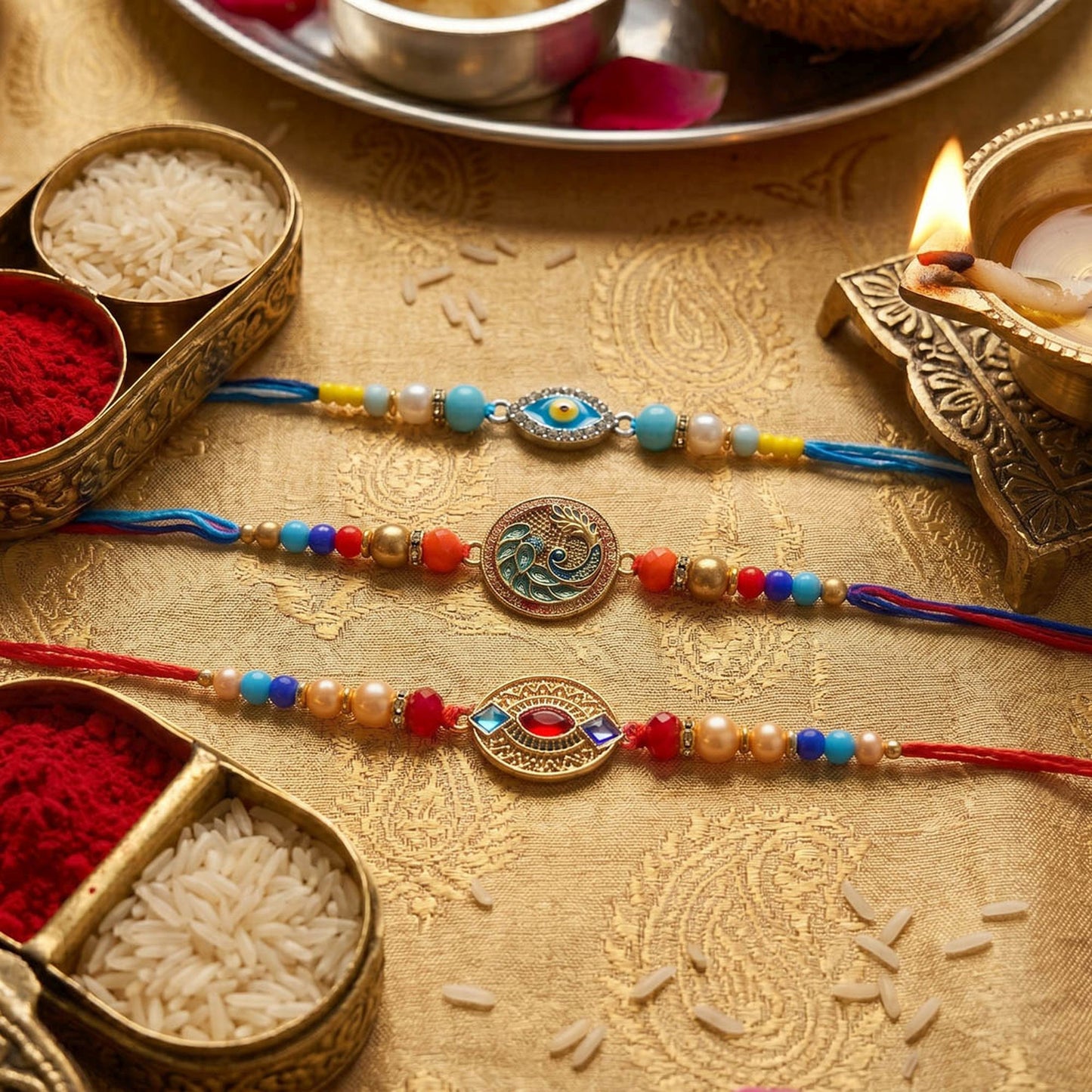 Multi Color Set of 3 Thread Rakhis with Elegant Traditional Handmade Design for Raksha Bandhan Celebration
