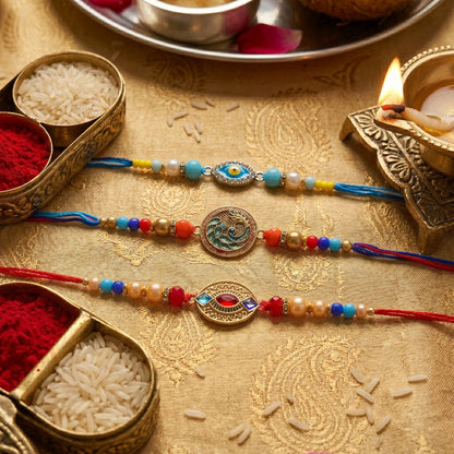 Multi Color Set of 3 Thread Rakhis with Elegant Traditional Handmade Design for Raksha Bandhan Celebration