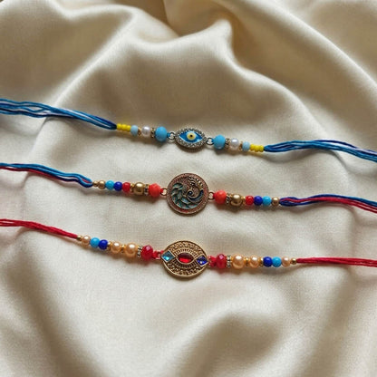 Multi Color Set of 3 Thread Rakhis with Elegant Traditional Handmade Design for Raksha Bandhan Celebration