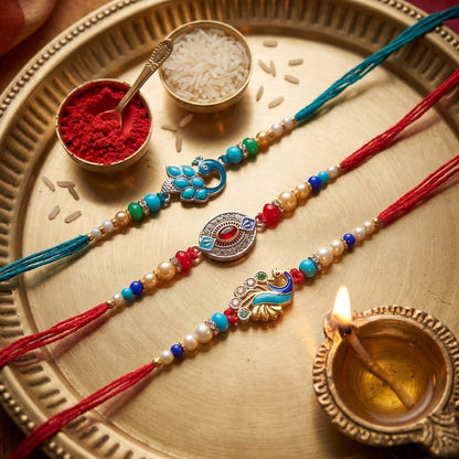 Multi Color Set of 3 Thread Rakhis Featuring Stylish Ethnic Pattern with Beautiful Festive Appeal