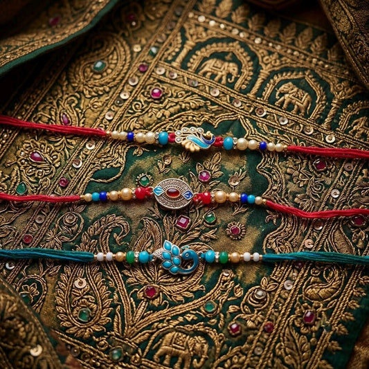 Multi Color Set of 3 Thread Rakhis Featuring Stylish Ethnic Pattern with Beautiful Festive Appeal