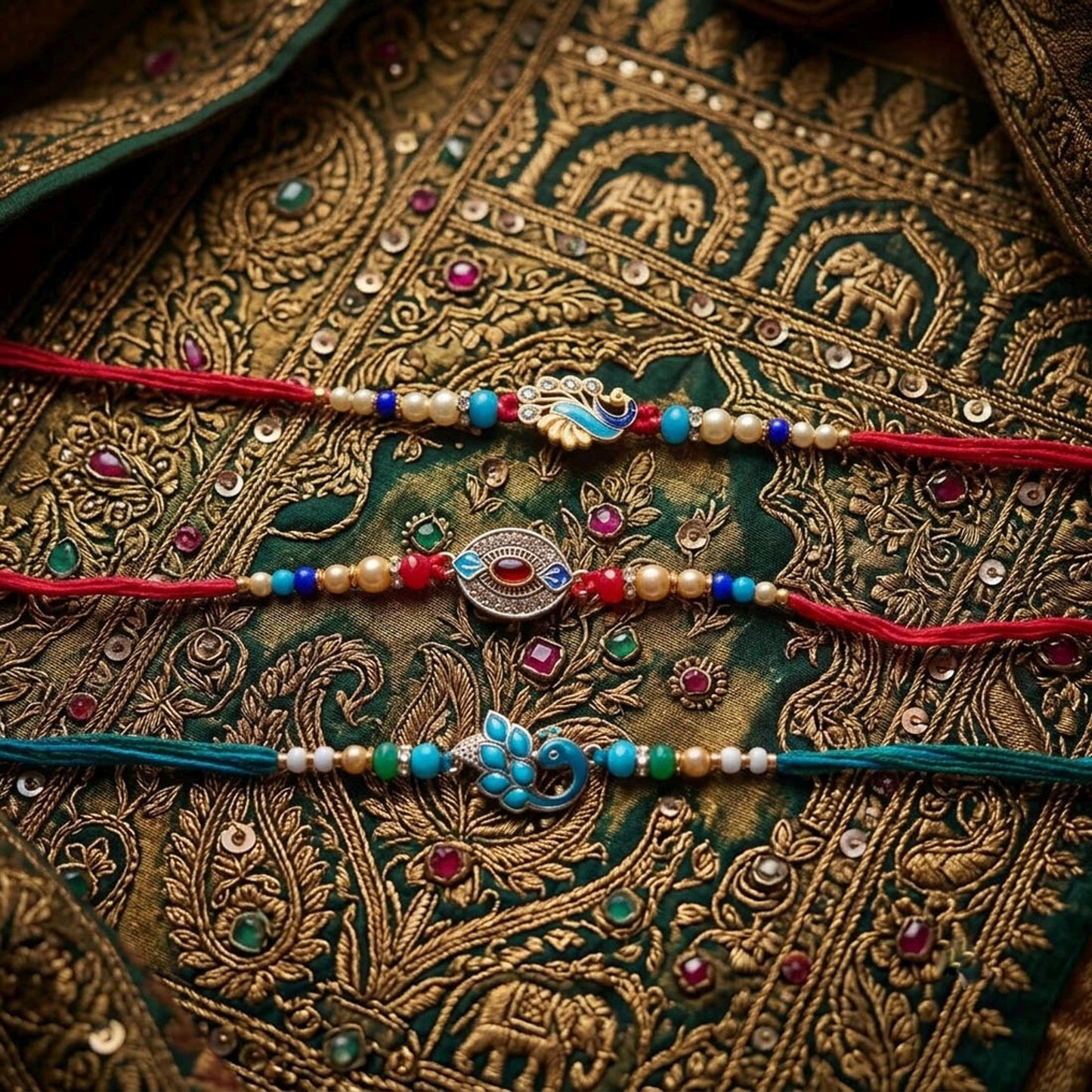 Multi Color Set of 3 Thread Rakhis Featuring Stylish Ethnic Pattern with Beautiful Festive Appeal