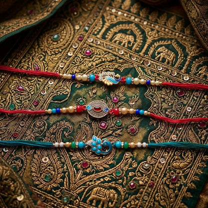 Multi Color Set of 3 Thread Rakhis Featuring Stylish Ethnic Pattern with Beautiful Festive Appeal