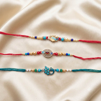 Multi Color Set of 3 Thread Rakhis Featuring Stylish Ethnic Pattern with Beautiful Festive Appeal