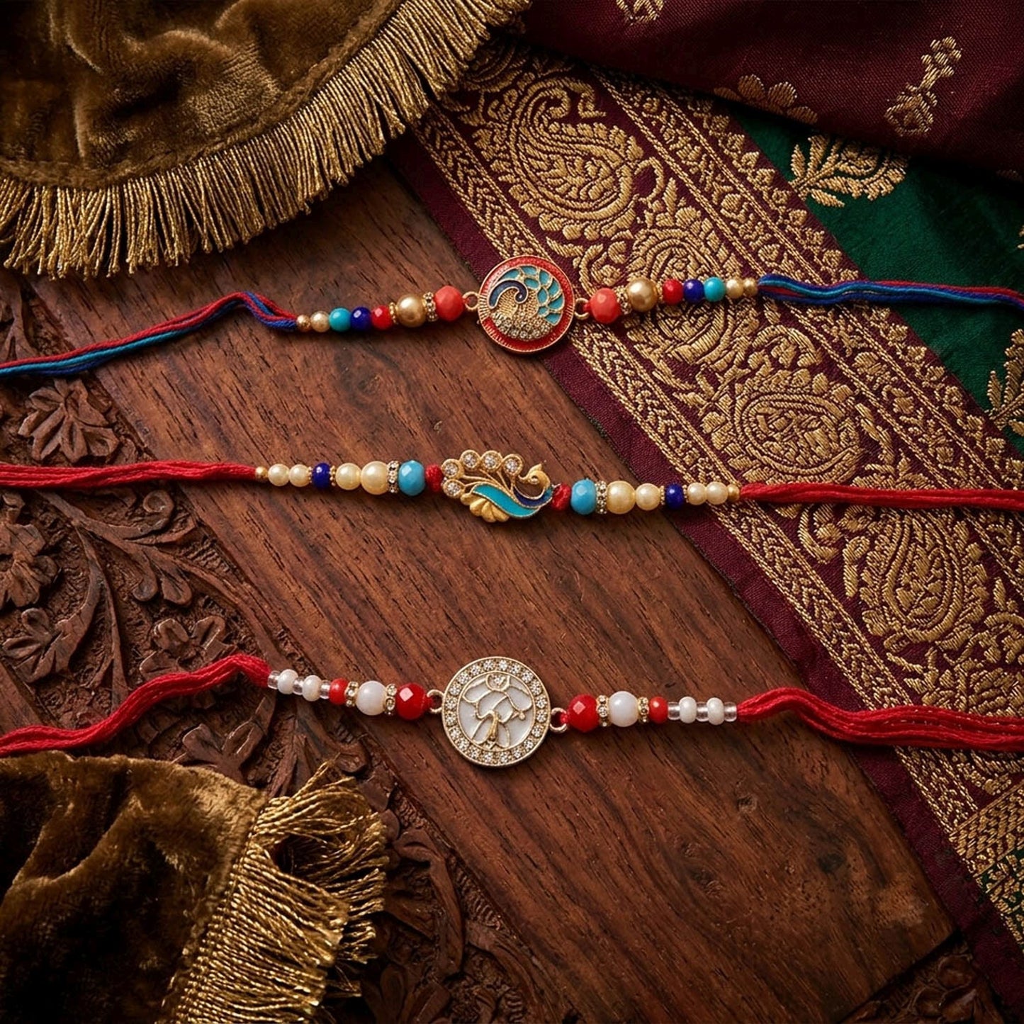 Multi Color Set of 3 Thread Rakhis Crafted with Attractive Decorative Finish and Premium Look