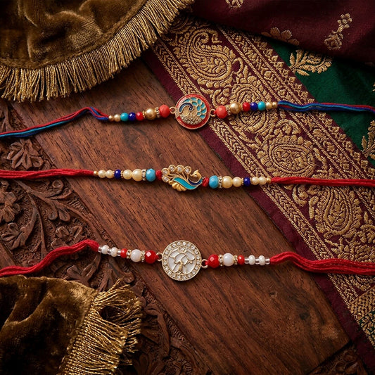 Multi Color Set of 3 Thread Rakhis Crafted with Attractive Decorative Finish and Premium Look