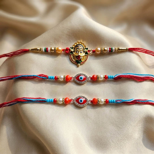 Multi Color Set of 3 Thread Rakhis Designed with Trendy Traditional Style for Special Occasions