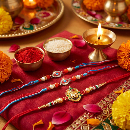 Multi Color Set of 3 Thread Rakhis Designed with Trendy Traditional Style for Special Occasions