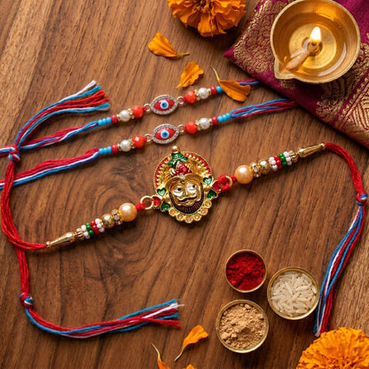 Multi Color Set of 3 Thread Rakhis Designed with Trendy Traditional Style for Special Occasions