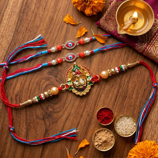 Multi Color Set of 3 Thread Rakhis Designed with Trendy Traditional Style for Special Occasions