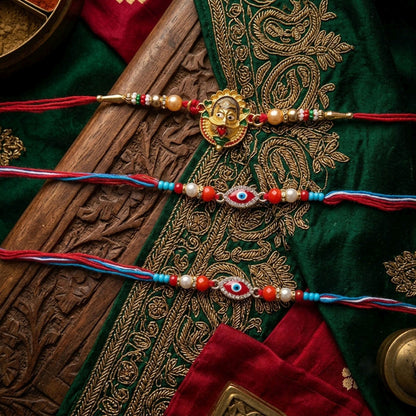 Multi Color Set of 3 Thread Rakhis Designed with Trendy Traditional Style for Special Occasions