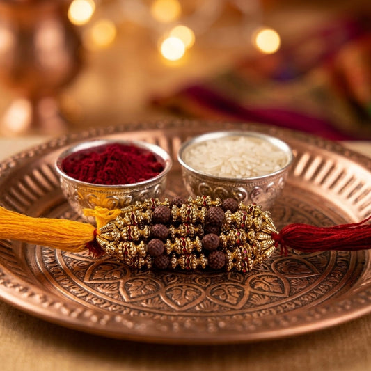 12 Pieces Combo Multi Color Divine Rudraksh Thread Rakhis with Sacred Spiritual Protective Traditional Design